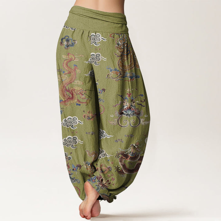 Haremshose für Damen mit elastischer Taille und Buddha Stones aus reiner Baumwolle mit goldenen Drachen und glückverheißenden Wolken