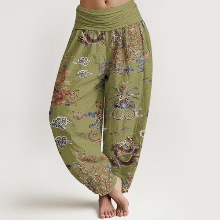 Haremshose für Damen mit elastischer Taille und Buddha Stones aus reiner Baumwolle mit goldenen Drachen und glückverheißenden Wolken