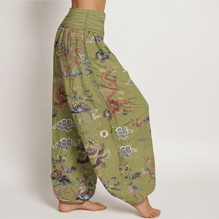 Haremshose für Damen mit elastischer Taille und Buddha Stones aus reiner Baumwolle mit goldenen Drachen und glückverheißenden Wolken