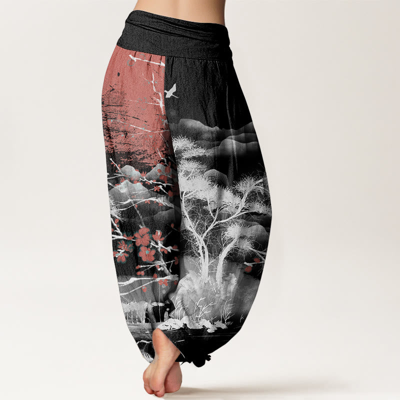 Buddha Stones Damen Haremshose aus reiner Baumwolle mit elastischer Taille und rotem Pflaumenblüten-Berg-Sonnenmuster