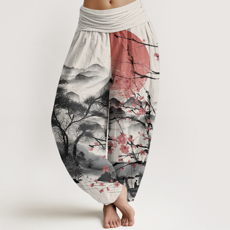 Buddha Stones Damen Haremshose aus reiner Baumwolle mit elastischer Taille und rotem Pflaumenblüten-Berg-Sonnenmuster