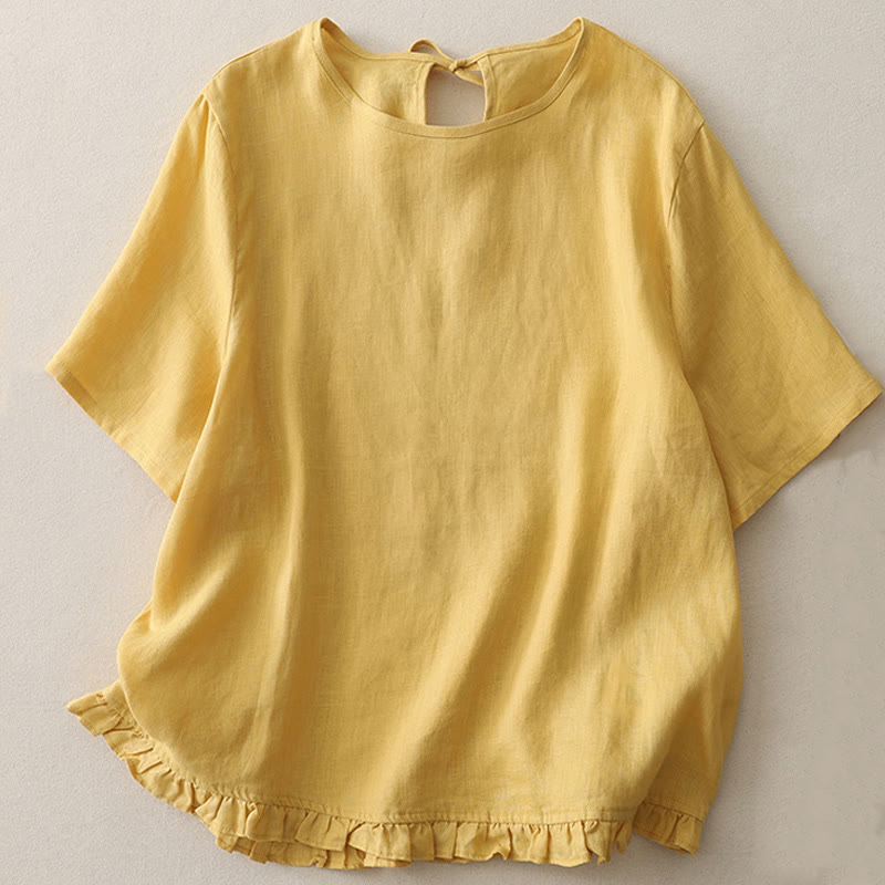 Buddha Stones Lässiges, schlichtes T-Shirt aus Polyester mit Rüschensaum und Rundhalsausschnitt - Gold - US8-10, UK/AU12-14, EU40-42 (2XL) - image 1