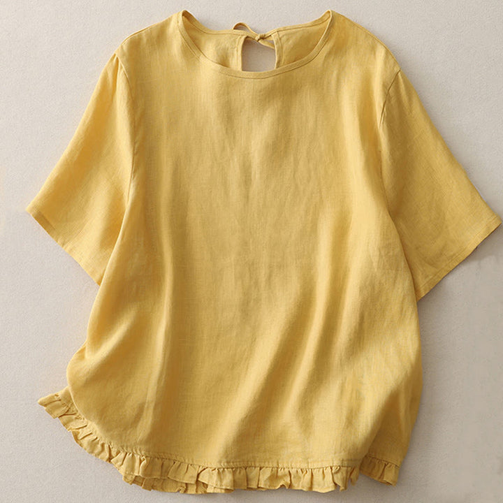 Buddha Stones Lässiges, schlichtes T-Shirt aus Polyester mit Rüschensaum und Rundhalsausschnitt - Gold - US8-10, UK/AU12-14, EU40-42 (2XL) - image 1