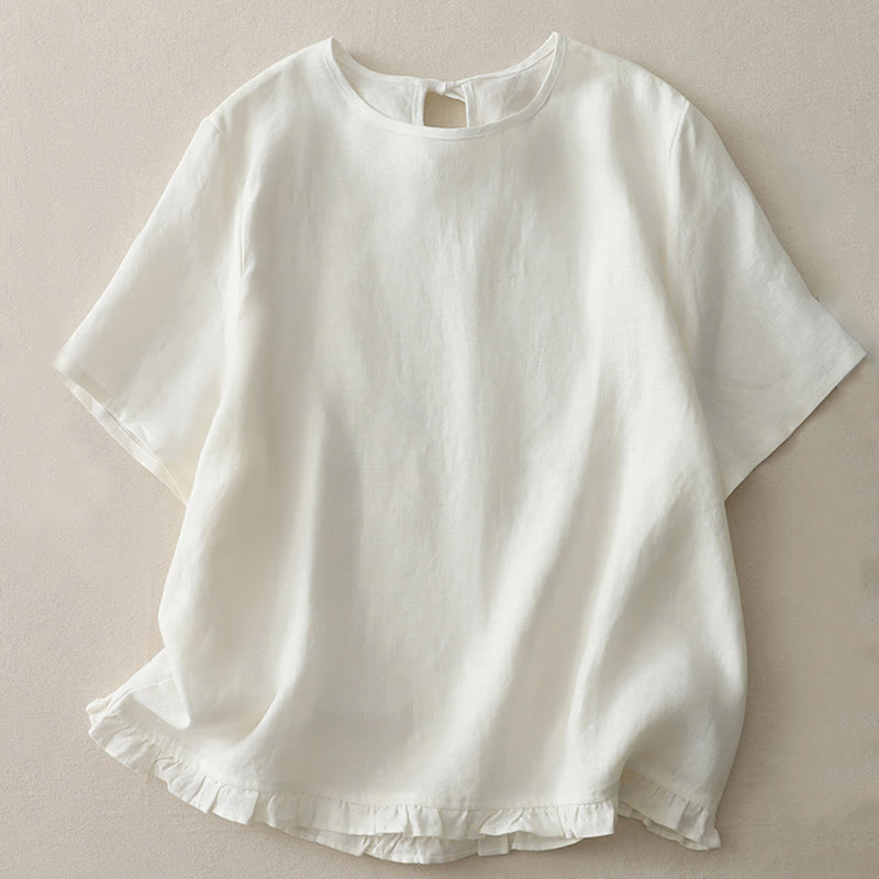 Buddha Stones Lässiges, schlichtes T-Shirt aus Polyester mit Rüschensaum und Rundhalsausschnitt - image 8