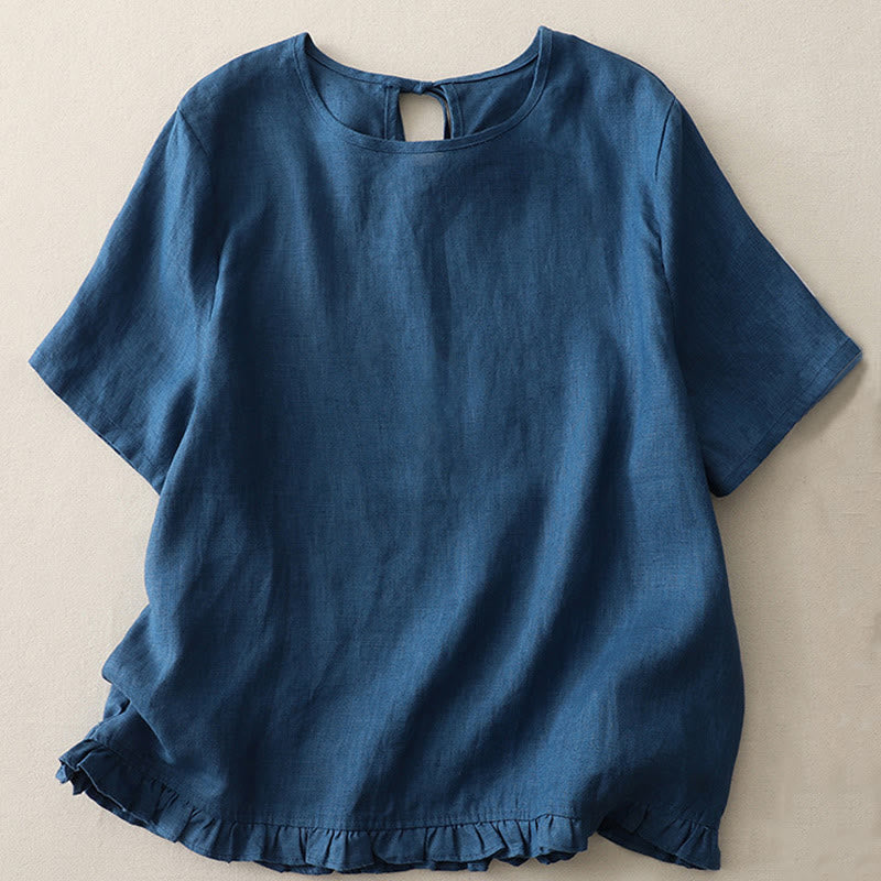 Buddha Stones Lässiges, schlichtes T-Shirt aus Polyester mit Rüschensaum und Rundhalsausschnitt - Stahlblau - US8-10, UK/AU12-14, EU40-42 (2XL) - image 14