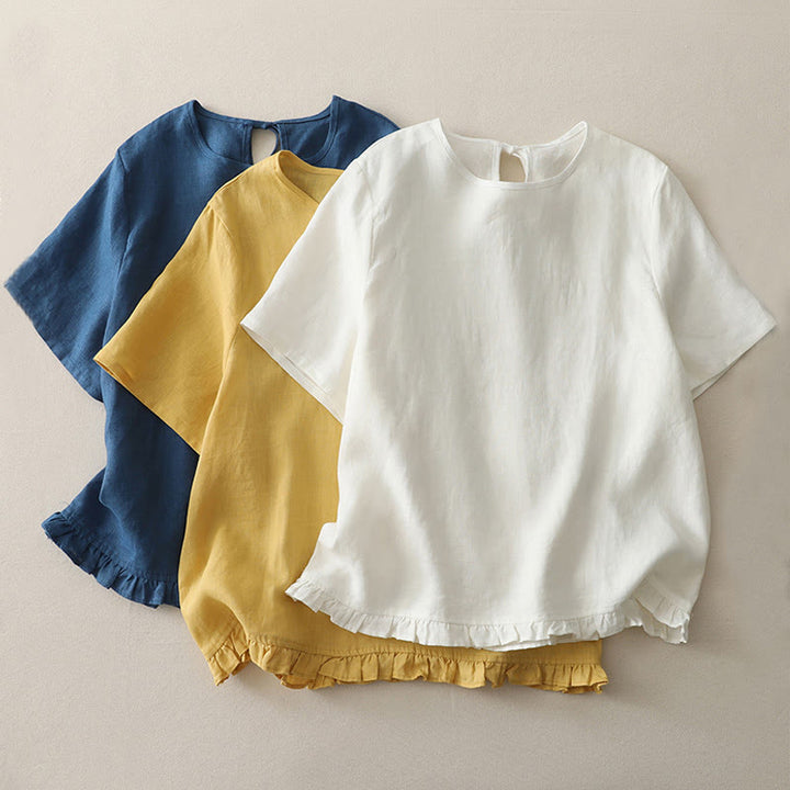 Buddha Stones Lässiges, schlichtes T-Shirt aus Polyester mit Rüschensaum und Rundhalsausschnitt - image 17
