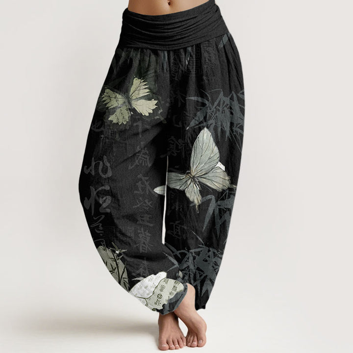 Haremshose für Damen mit elastischer Taille und Buddha Stones aus reiner Baumwolle, Schmetterling, Bambusblätter, chinesisches Schriftzeichen-Muster