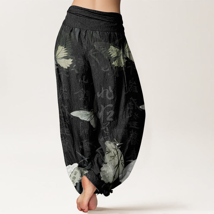 Haremshose für Damen mit elastischer Taille und Buddha Stones aus reiner Baumwolle, Schmetterling, Bambusblätter, chinesisches Schriftzeichen-Muster