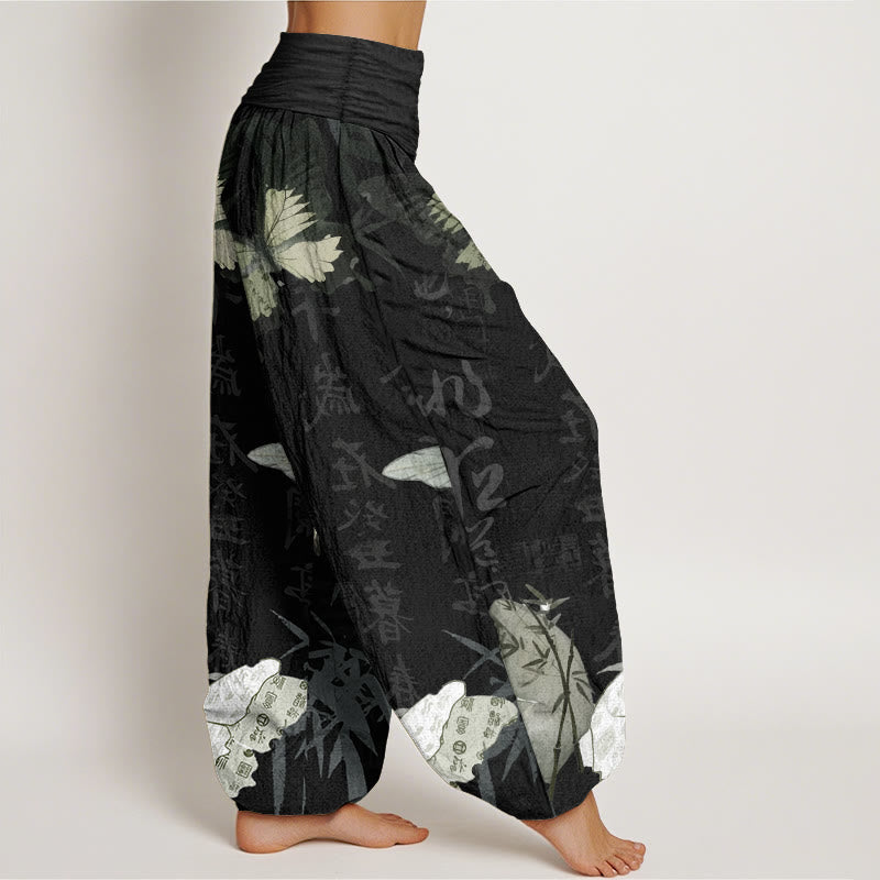 Haremshose für Damen mit elastischer Taille und Buddha Stones aus reiner Baumwolle, Schmetterling, Bambusblätter, chinesisches Schriftzeichen-Muster