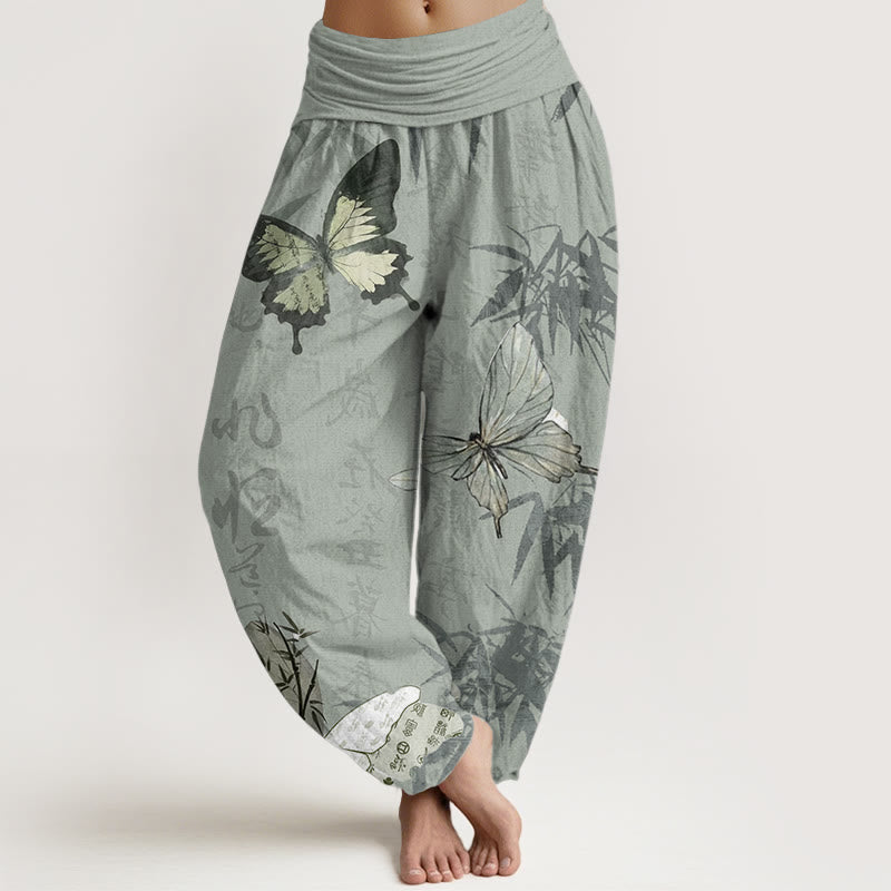 Haremshose für Damen mit elastischer Taille und Buddha Stones aus reiner Baumwolle, Schmetterling, Bambusblätter, chinesisches Schriftzeichen-Muster