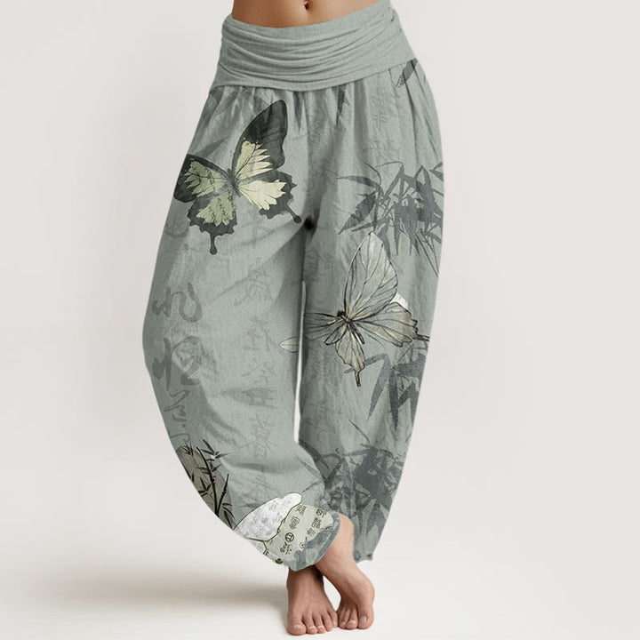 Haremshose für Damen mit elastischer Taille und Buddha Stones aus reiner Baumwolle, Schmetterling, Bambusblätter, chinesisches Schriftzeichen-Muster