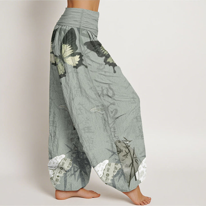 Haremshose für Damen mit elastischer Taille und Buddha Stones aus reiner Baumwolle, Schmetterling, Bambusblätter, chinesisches Schriftzeichen-Muster