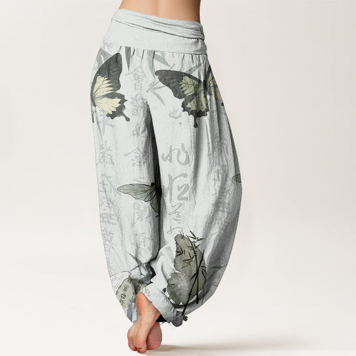 Haremshose für Damen mit elastischer Taille und Buddha Stones aus reiner Baumwolle, Schmetterling, Bambusblätter, chinesisches Schriftzeichen-Muster