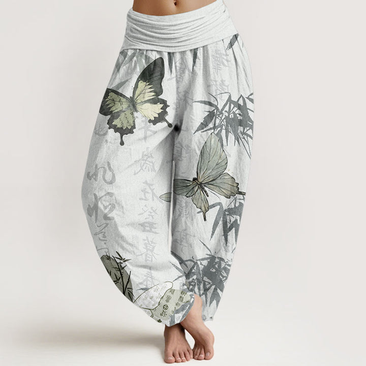 Haremshose für Damen mit elastischer Taille und Buddha Stones aus reiner Baumwolle, Schmetterling, Bambusblätter, chinesisches Schriftzeichen-Muster
