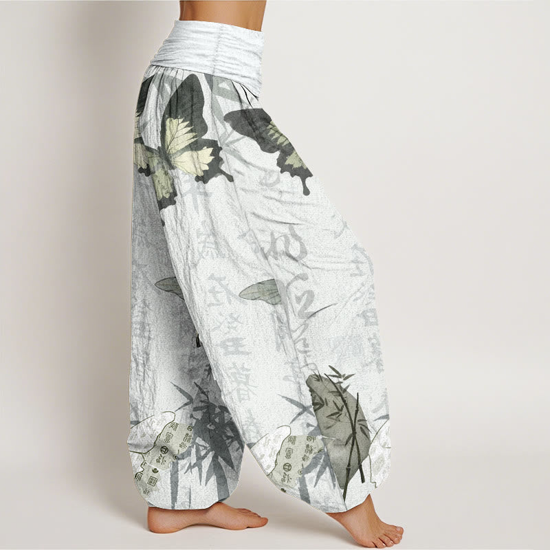 Haremshose für Damen mit elastischer Taille und Buddha Stones aus reiner Baumwolle, Schmetterling, Bambusblätter, chinesisches Schriftzeichen-Muster