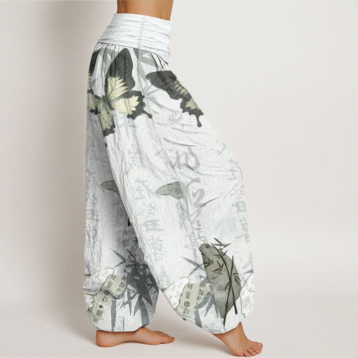 Haremshose für Damen mit elastischer Taille und Buddha Stones aus reiner Baumwolle, Schmetterling, Bambusblätter, chinesisches Schriftzeichen-Muster