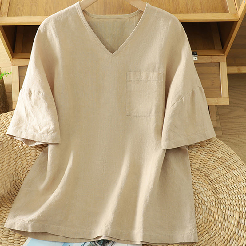 Buddha Stones Lässiges, schlichtes Damen-T-Shirt aus Baumwollleinen mit V-Ausschnitt und Tasche - Weizen - US14, UK/AU18,EU46 (2XL) - image 1