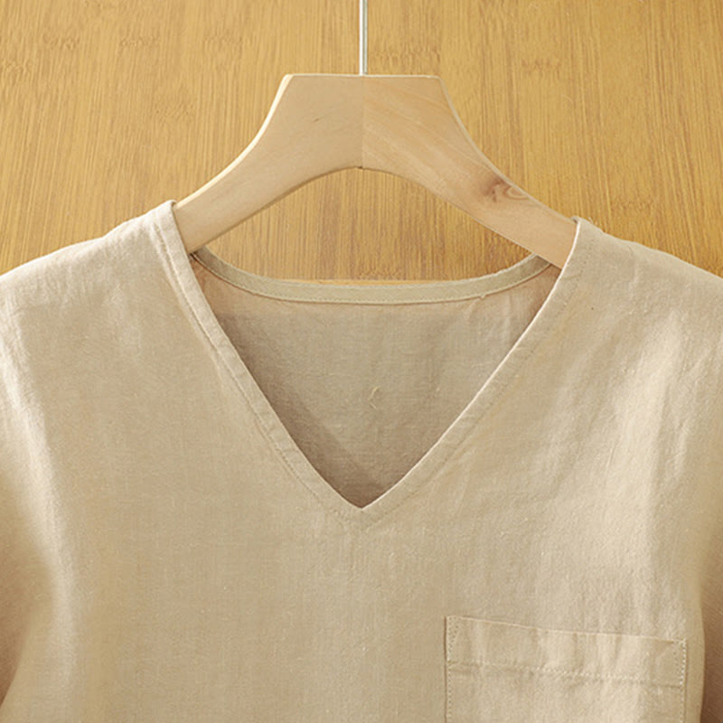 Buddha Stones Lässiges, schlichtes Damen-T-Shirt aus Baumwollleinen mit V-Ausschnitt und Tasche - image 2