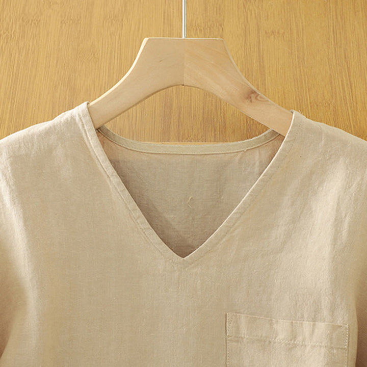Buddha Stones Lässiges, schlichtes Damen-T-Shirt aus Baumwollleinen mit V-Ausschnitt und Tasche - image 2