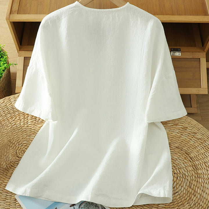 Buddha Stones Lässiges, schlichtes Damen-T-Shirt aus Baumwollleinen mit V-Ausschnitt und Tasche - image 7