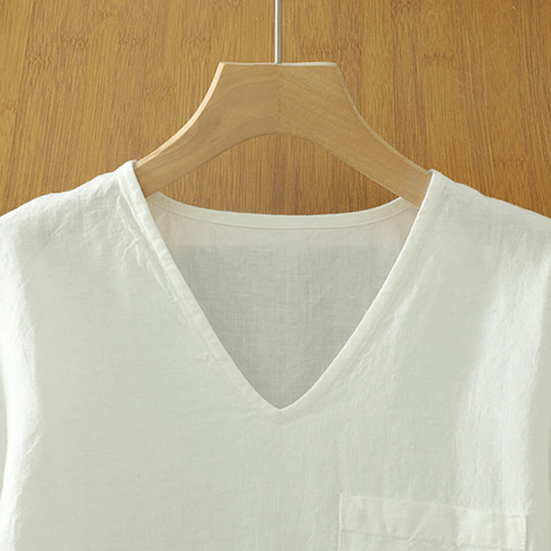 Buddha Stones Lässiges, schlichtes Damen-T-Shirt aus Baumwollleinen mit V-Ausschnitt und Tasche - image 8