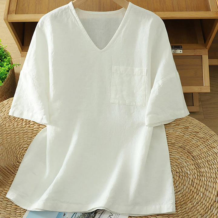 Buddha Stones Lässiges, schlichtes Damen-T-Shirt aus Baumwollleinen mit V-Ausschnitt und Tasche - Weiß - US14, UK/AU18,EU46 (2XL) - image 6