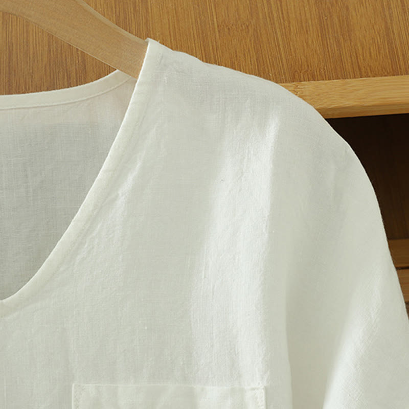 Buddha Stones Lässiges, schlichtes Damen-T-Shirt aus Baumwollleinen mit V-Ausschnitt und Tasche - image 14