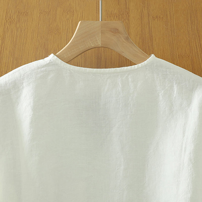 Buddha Stones Lässiges, schlichtes Damen-T-Shirt aus Baumwollleinen mit V-Ausschnitt und Tasche - image 9