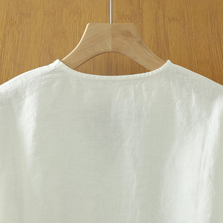 Buddha Stones Lässiges, schlichtes Damen-T-Shirt aus Baumwollleinen mit V-Ausschnitt und Tasche - image 9