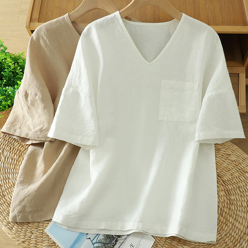 Buddha Stones Lässiges, schlichtes Damen-T-Shirt aus Baumwollleinen mit V-Ausschnitt und Tasche - image 15