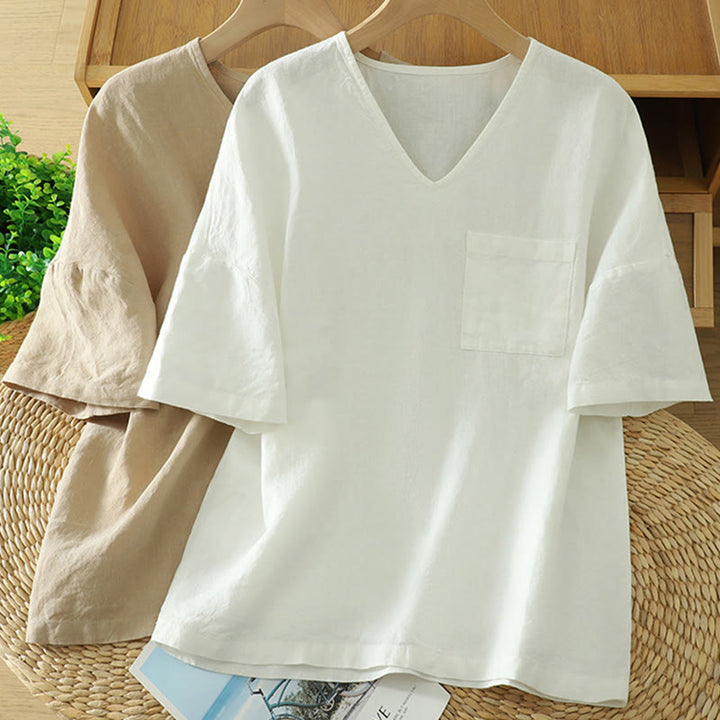 Buddha Stones Lässiges, schlichtes Damen-T-Shirt aus Baumwollleinen mit V-Ausschnitt und Tasche - image 15