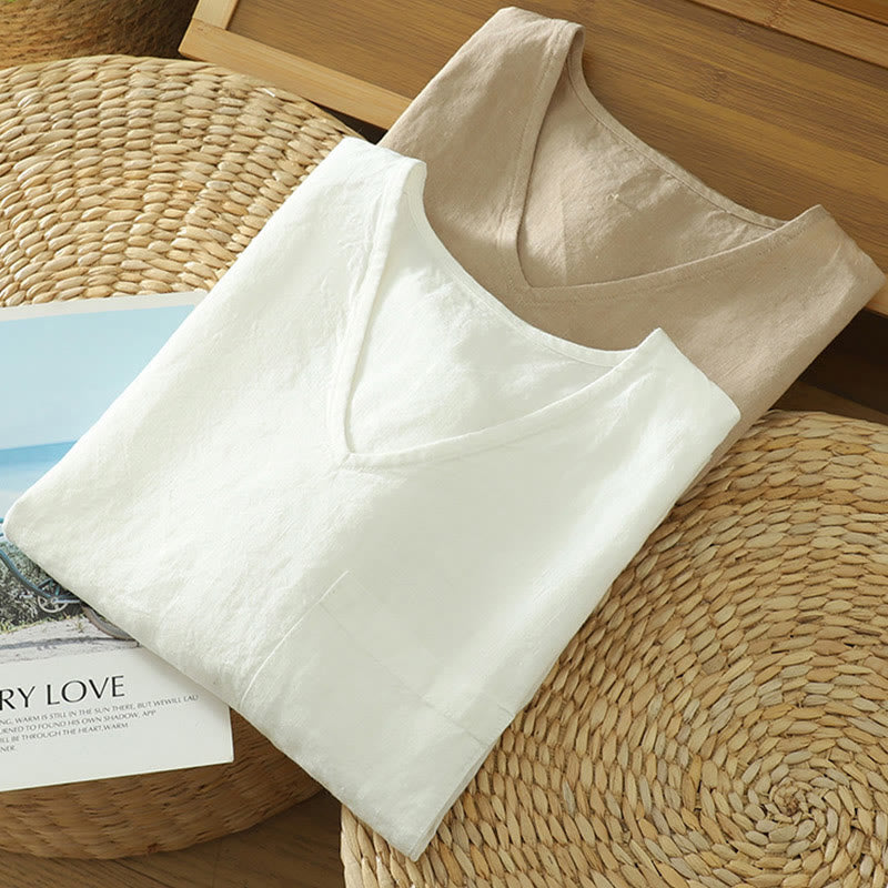 Buddha Stones Lässiges, schlichtes Damen-T-Shirt aus Baumwollleinen mit V-Ausschnitt und Tasche - image 16
