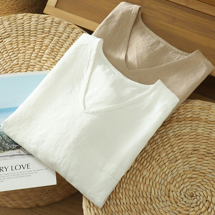 Buddha Stones Lässiges, schlichtes Damen-T-Shirt aus Baumwollleinen mit V-Ausschnitt und Tasche - image 16