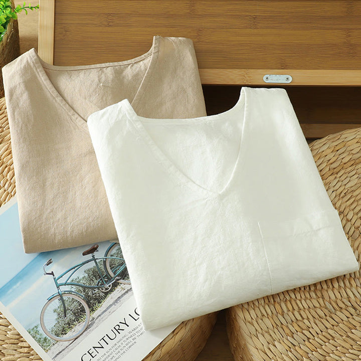 Buddha Stones Lässiges, schlichtes Damen-T-Shirt aus Baumwollleinen mit V-Ausschnitt und Tasche - image 17