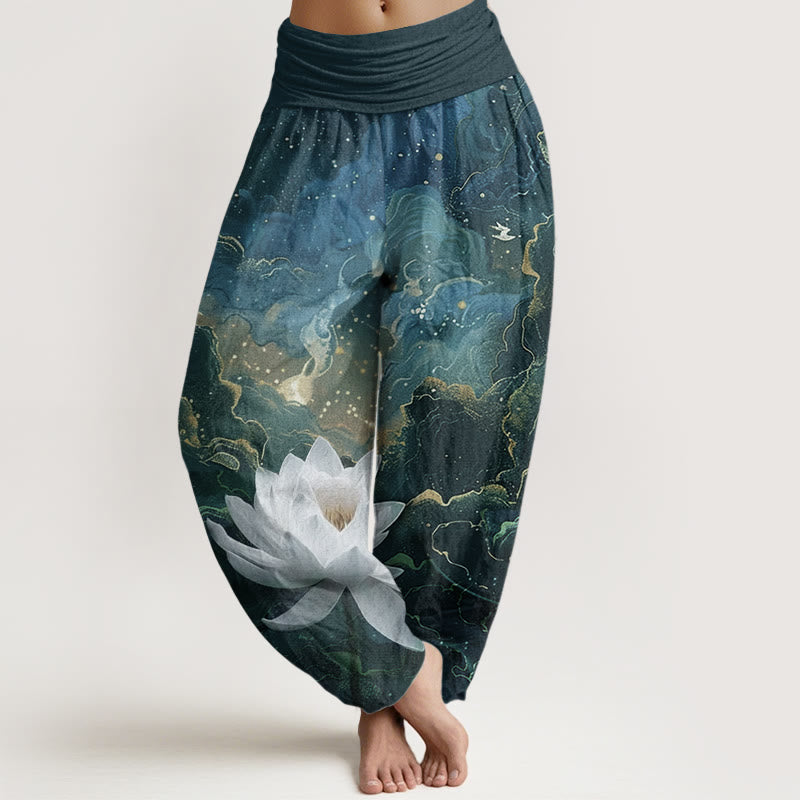 Buddha Stones Damen-Haremshose aus reiner Baumwolle mit lässigem Lotus-Sternenhimmel-Wolken-Muster und elastischer Taille - Dunkelcyan - US22, UK/AU26, EU54 (6XL) - image 0