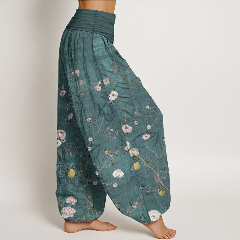 Buddha Stones, reine Baumwolle, rosa, weiße Blumen, Bambusblätter, Früchte, Design, Damen-Haremshose mit elastischer Taille