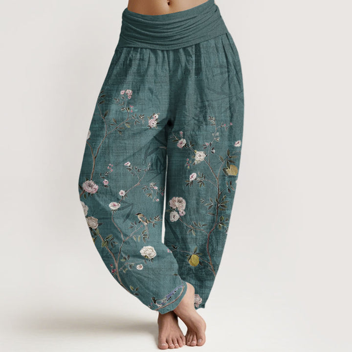 Buddha Stones, reine Baumwolle, rosa, weiße Blumen, Bambusblätter, Früchte, Design, Damen-Haremshose mit elastischer Taille