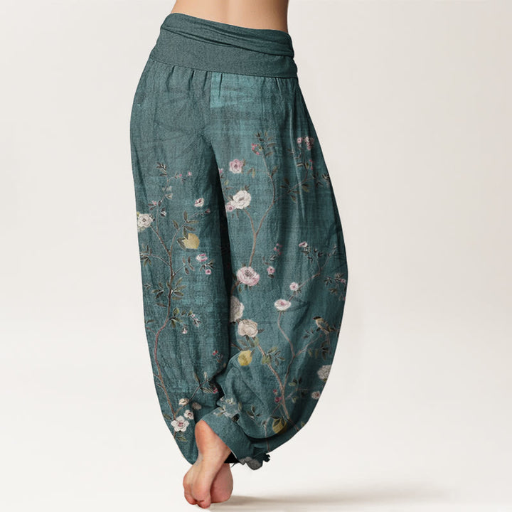 Buddha Stones, reine Baumwolle, rosa, weiße Blumen, Bambusblätter, Früchte, Design, Damen-Haremshose mit elastischer Taille