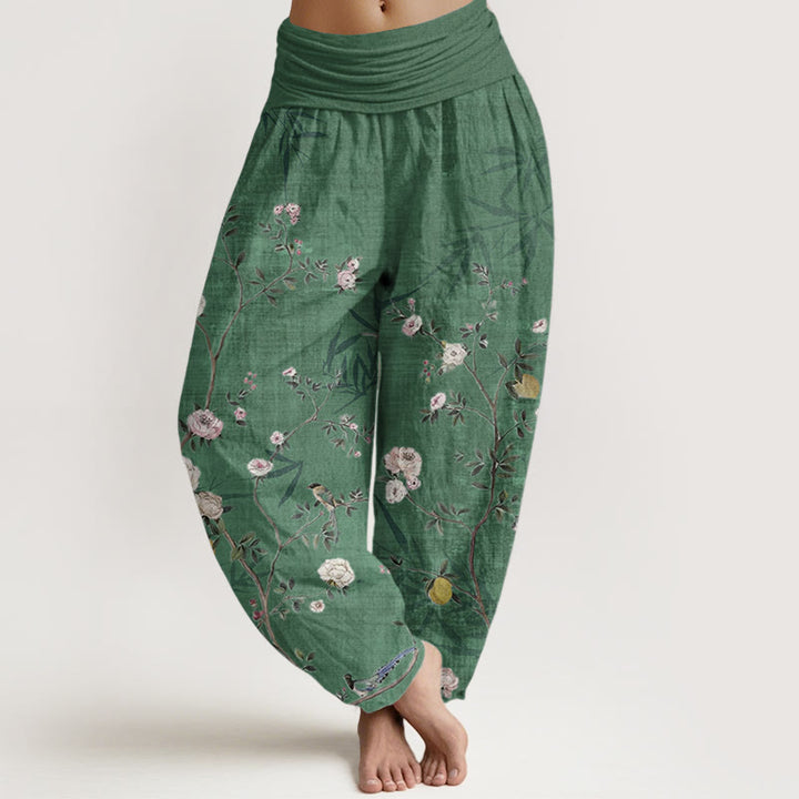 Buddha Stones, reine Baumwolle, rosa, weiße Blumen, Bambusblätter, Früchte, Design, Damen-Haremshose mit elastischer Taille