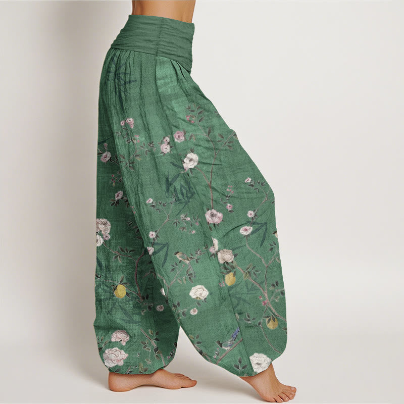 Buddha Stones, reine Baumwolle, rosa, weiße Blumen, Bambusblätter, Früchte, Design, Damen-Haremshose mit elastischer Taille