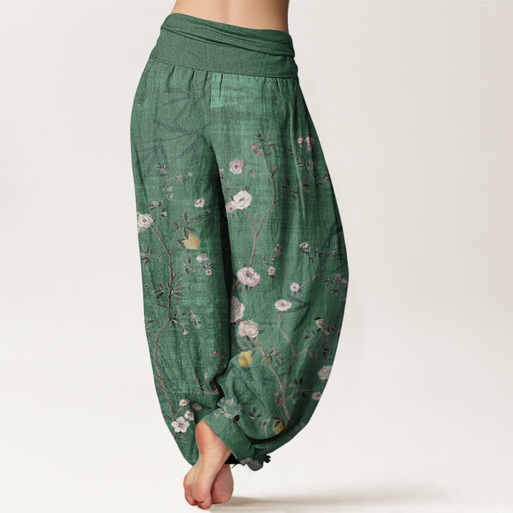 Buddha Stones, reine Baumwolle, rosa, weiße Blumen, Bambusblätter, Früchte, Design, Damen-Haremshose mit elastischer Taille