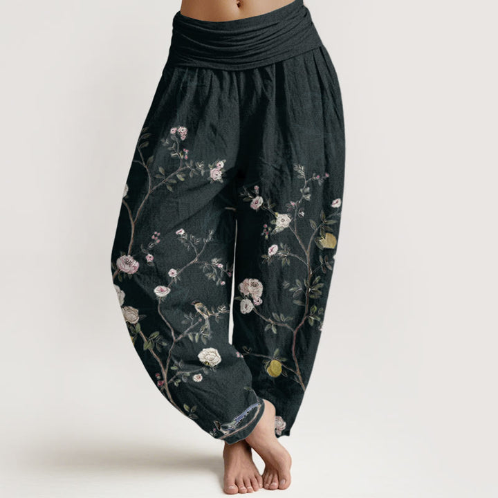 Buddha Stones, reine Baumwolle, rosa, weiße Blumen, Bambusblätter, Früchte, Design, Damen-Haremshose mit elastischer Taille