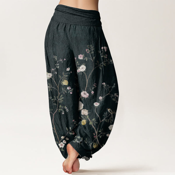 Buddha Stones, reine Baumwolle, rosa, weiße Blumen, Bambusblätter, Früchte, Design, Damen-Haremshose mit elastischer Taille