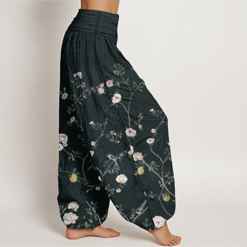 Buddha Stones, reine Baumwolle, rosa, weiße Blumen, Bambusblätter, Früchte, Design, Damen-Haremshose mit elastischer Taille