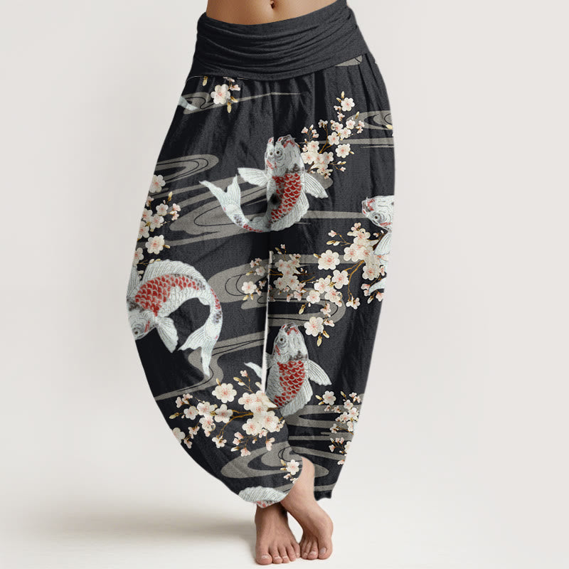 Buddha Stones Lässige Haremshose mit Kirschblüten-Koi-Fisch-Muster für Damen, elastische Taille - Schwarz - US22， UK/AU26，EU54 (6XL) - image 1