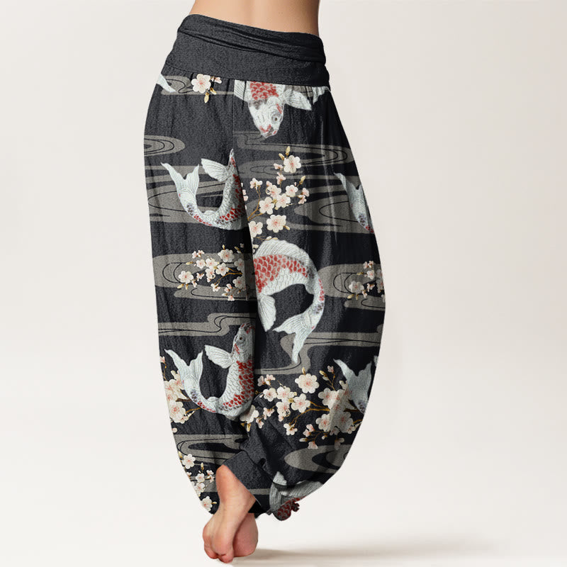 Buddha Stones Lässige Haremshose mit Kirschblüten-Koi-Fisch-Muster für Damen, elastische Taille - image 2