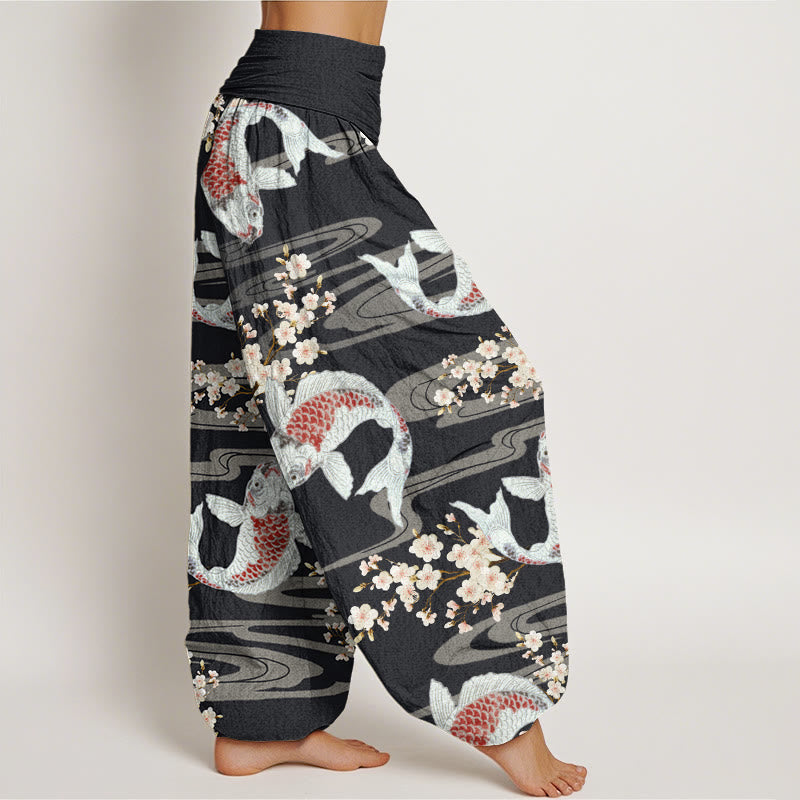 Buddha Stones Lässige Haremshose mit Kirschblüten-Koi-Fisch-Muster für Damen, elastische Taille - image 2