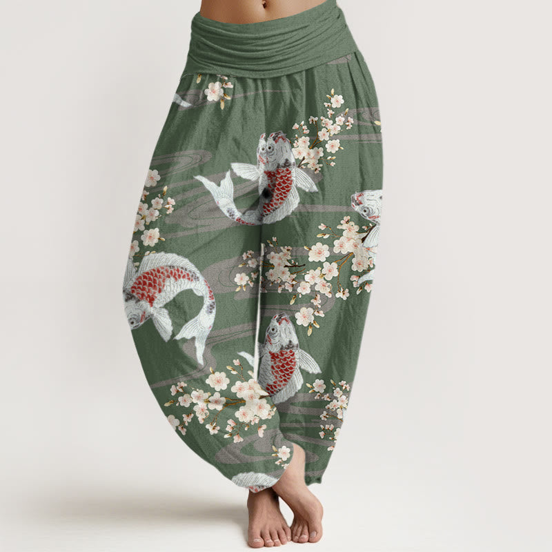 Buddha Stones Lässige Haremshose mit Kirschblüten-Koi-Fisch-Muster für Damen, elastische Taille - DunkelMeergrün - US22， UK/AU26，EU54 (6XL) - image 5