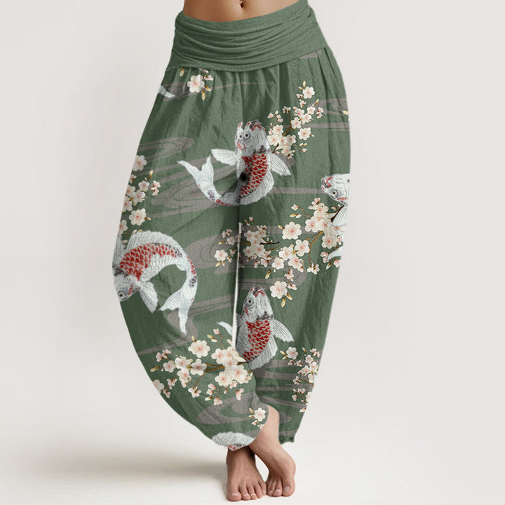 Buddha Stones Lässige Haremshose mit Kirschblüten-Koi-Fisch-Muster für Damen, elastische Taille - DunkelMeergrün - US22， UK/AU26，EU54 (6XL) - image 5