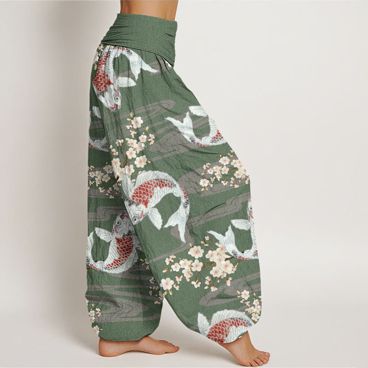 Buddha Stones Lässige Haremshose mit Kirschblüten-Koi-Fisch-Muster für Damen, elastische Taille - image 6
